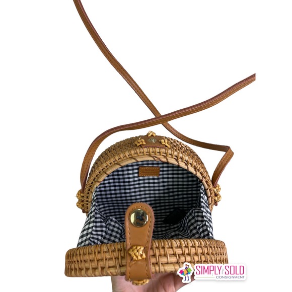 Urban Outfitters Womens Round Rattan Crossbody‎ Bag Gingham Liner Snap Boho S - Picture 4 of 9